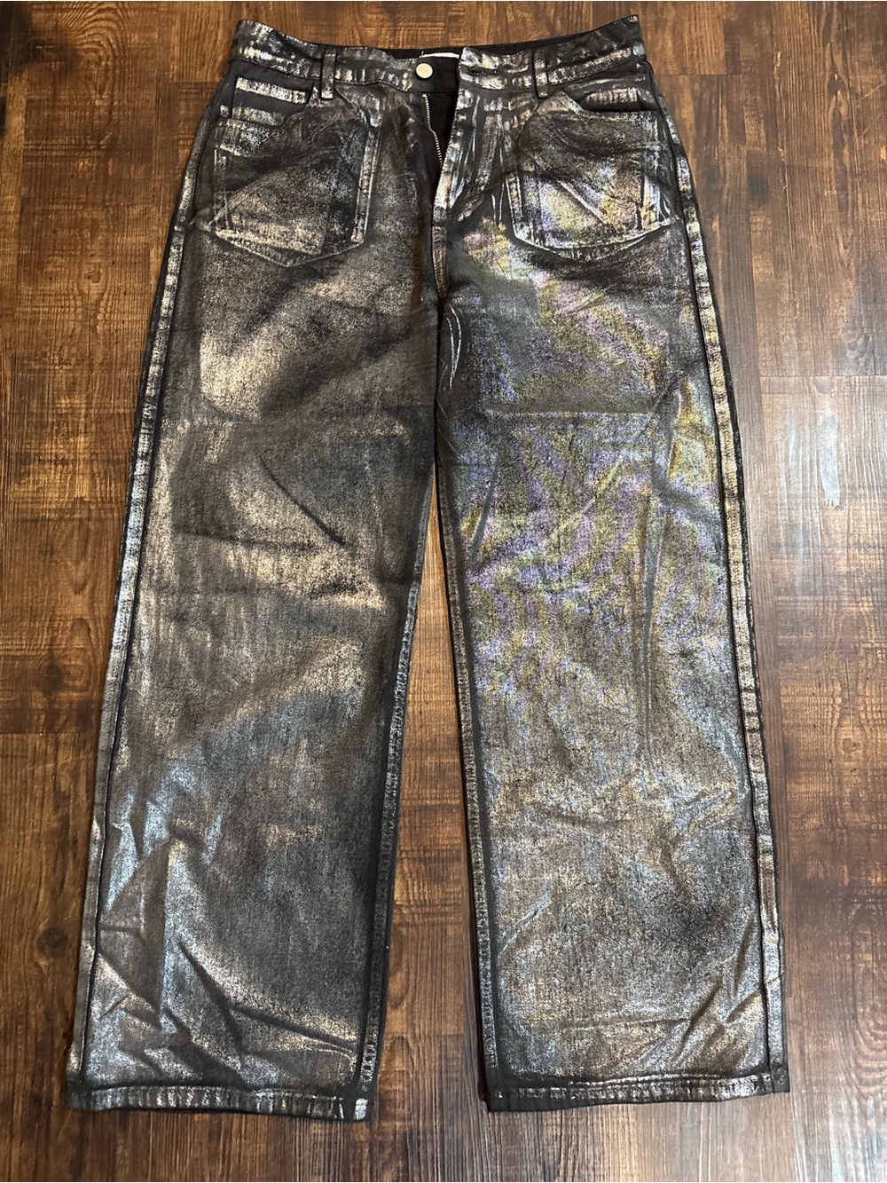 Superdown Womens Metallic Black Wide-Leg Jeans